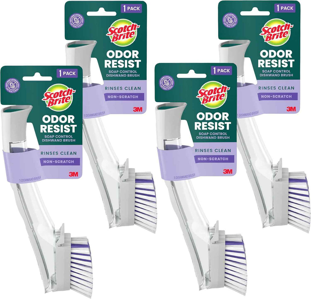 Scotch-Brite Odor Resist Soap Control Dishwand Brush, Non-Scratch Cleaning Brush with Scraper, Stands Upright, 1 Pack
