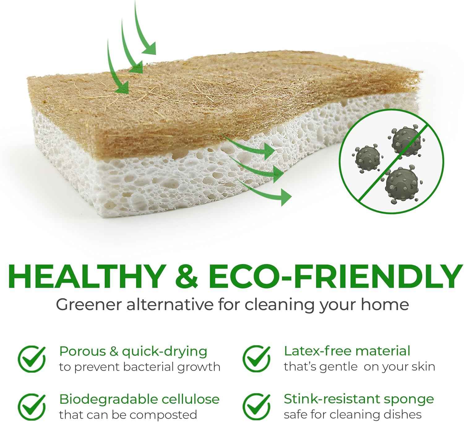 Natural Compostable Cellulose Coconut Walnut Kitchen Sponges 12 Pack Gentle Eco Friendly Daily Cleaning