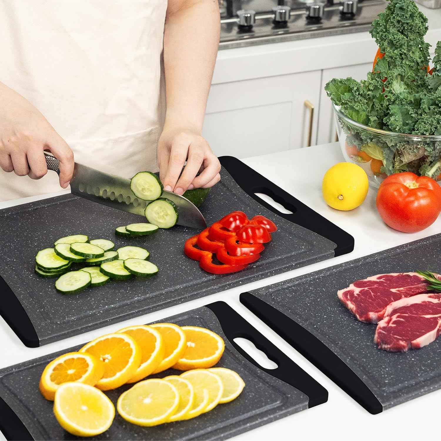 Empune Extra Large Plastic Cutting Boards, Set of 3 with Juice Grooves and Easy-Grip Handles