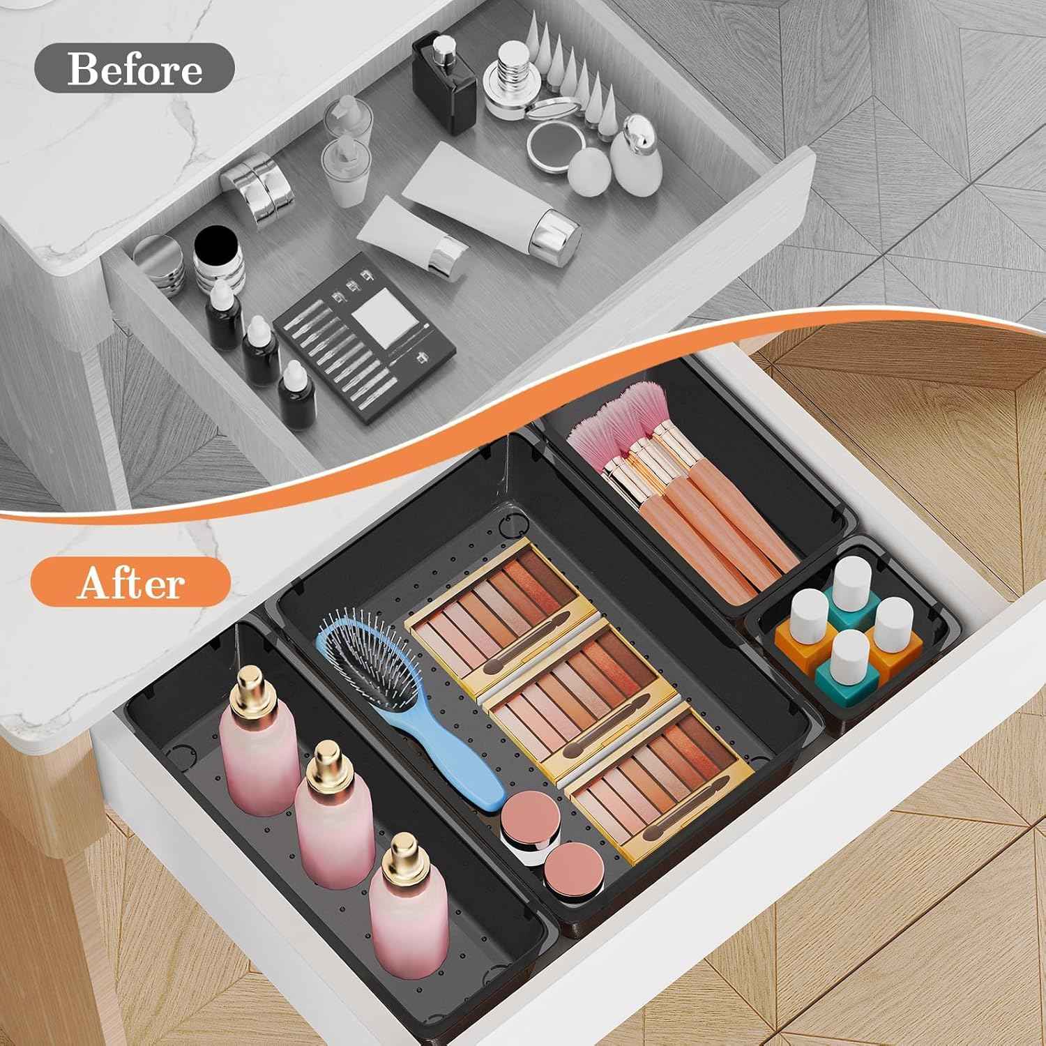 25 PCS Plastic Drawer Organizer Set with 4-Size Trays for Makeup, Jewelry, and Gadgets