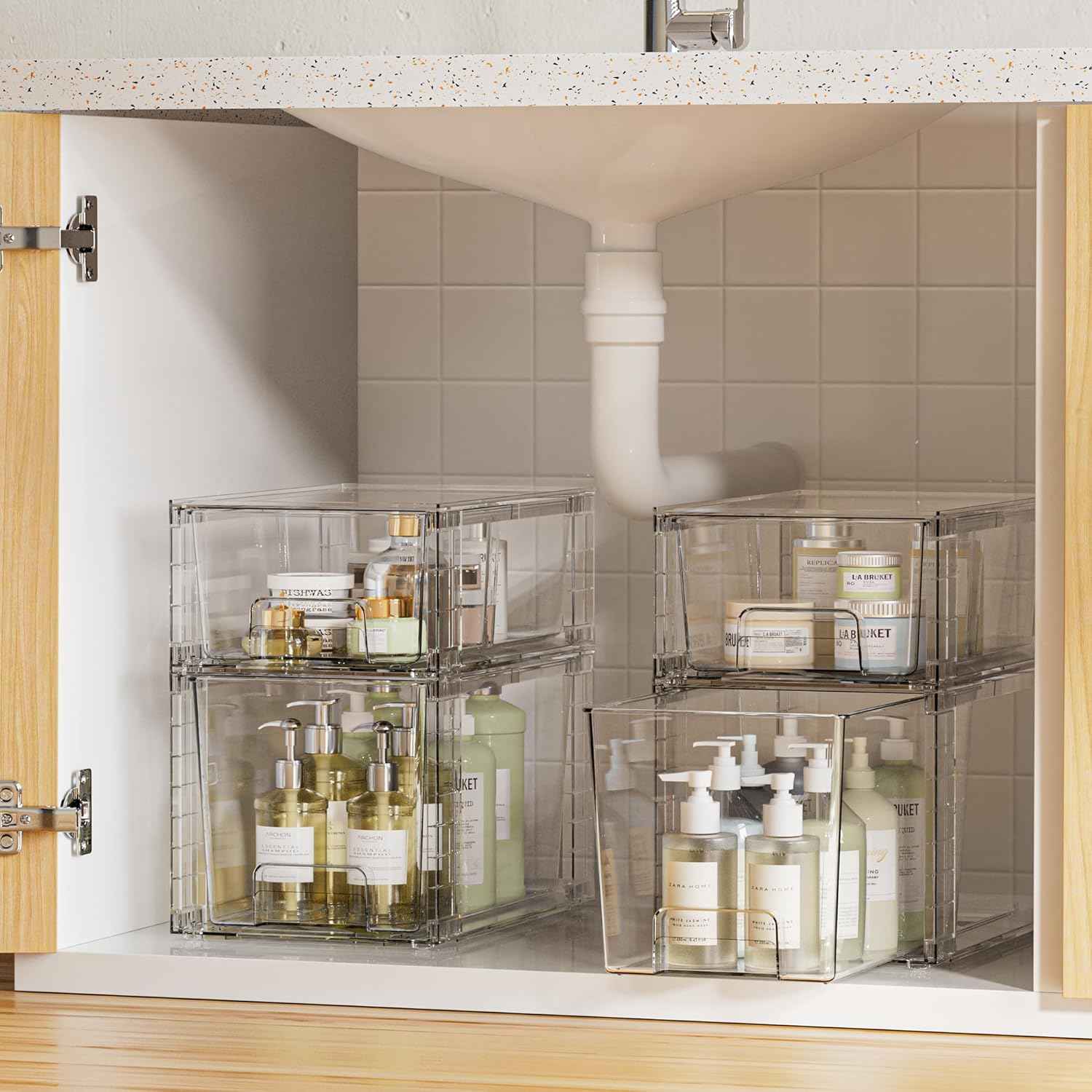 4 Pack Clear Stackable Storage Drawers for Under Sink, Kitchen, and Bathroom Organization
