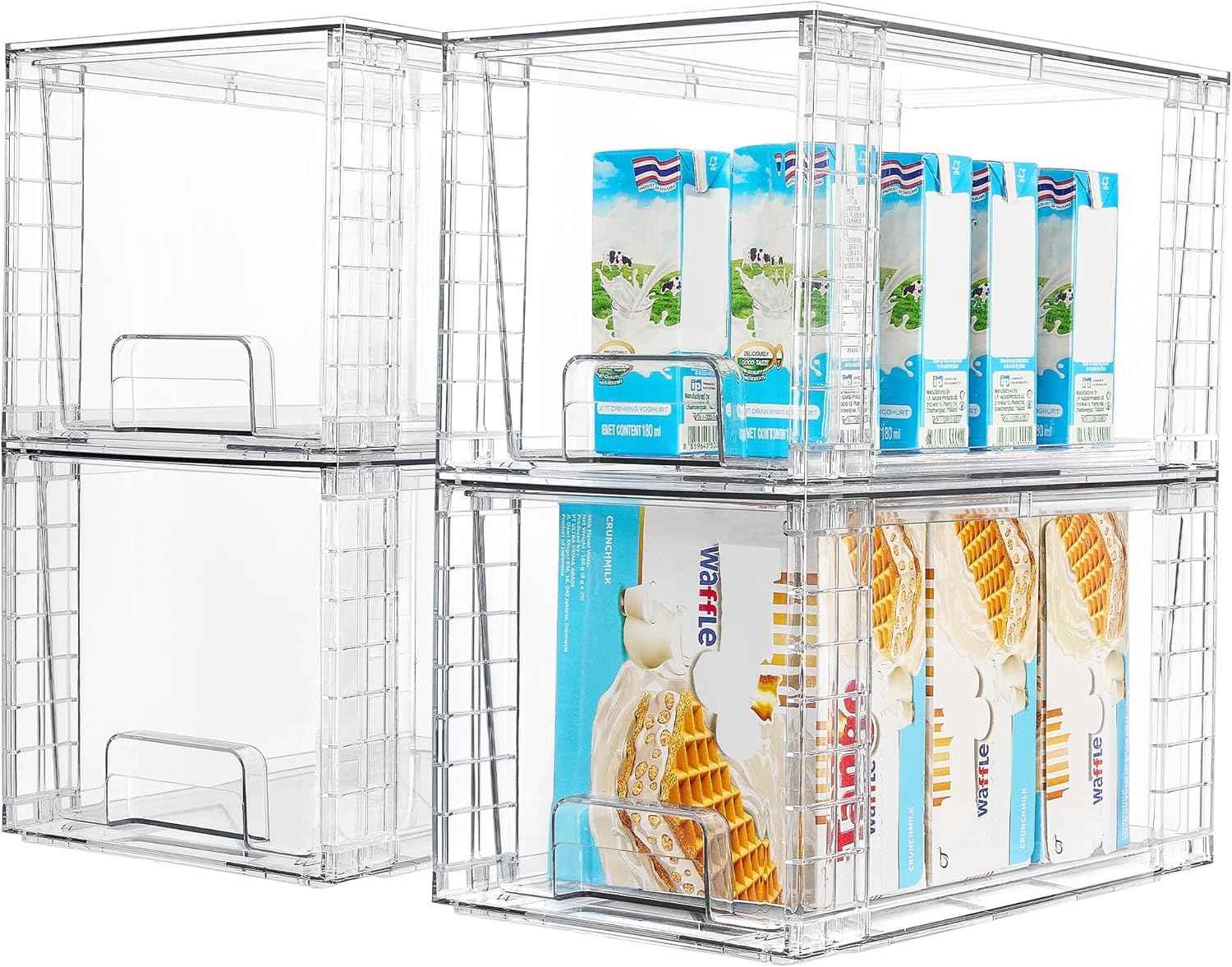 Vtopmart 4 Pack Stackable Storage Drawers,Clear Acrylic Drawer Organizers with Handles, Easily Assemble for Fridge, Bathroom,Kitchen Undersink,Cabinet,Pantry Organization and Storage