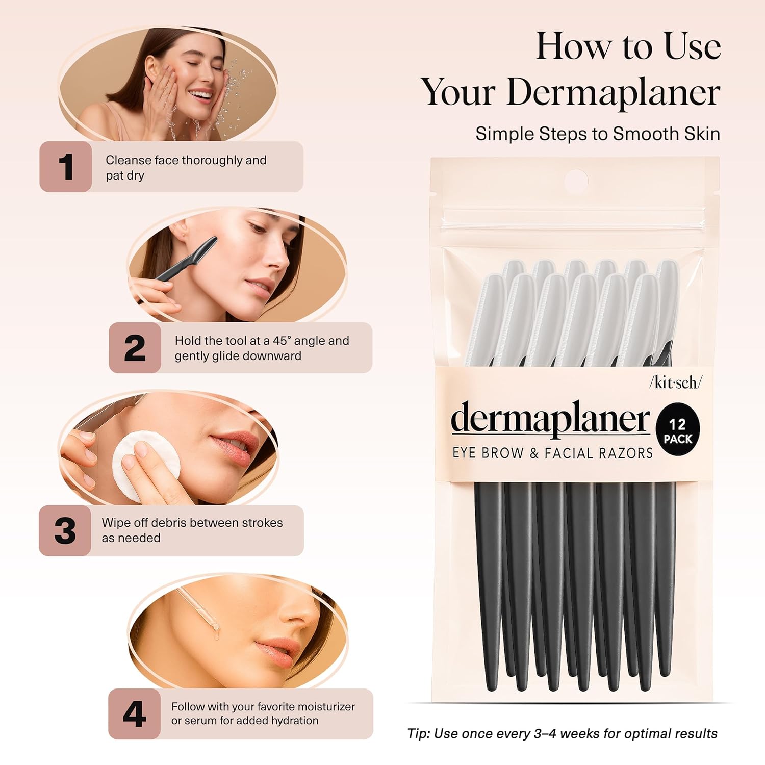 kitsch dermaplane razor for women face - black, 12 pc set - exfoliating facial razor for smoother skin