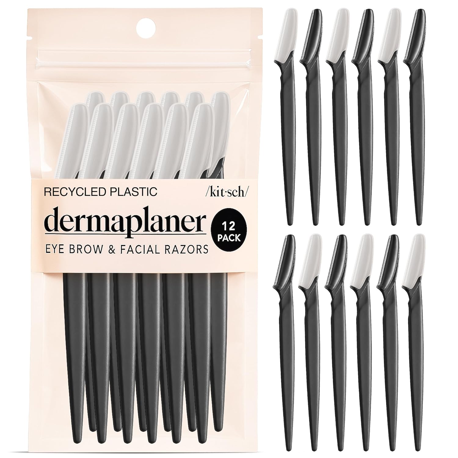kitsch dermaplane razor for women face - black, 12 pc set - exfoliating facial razor for smoother skin