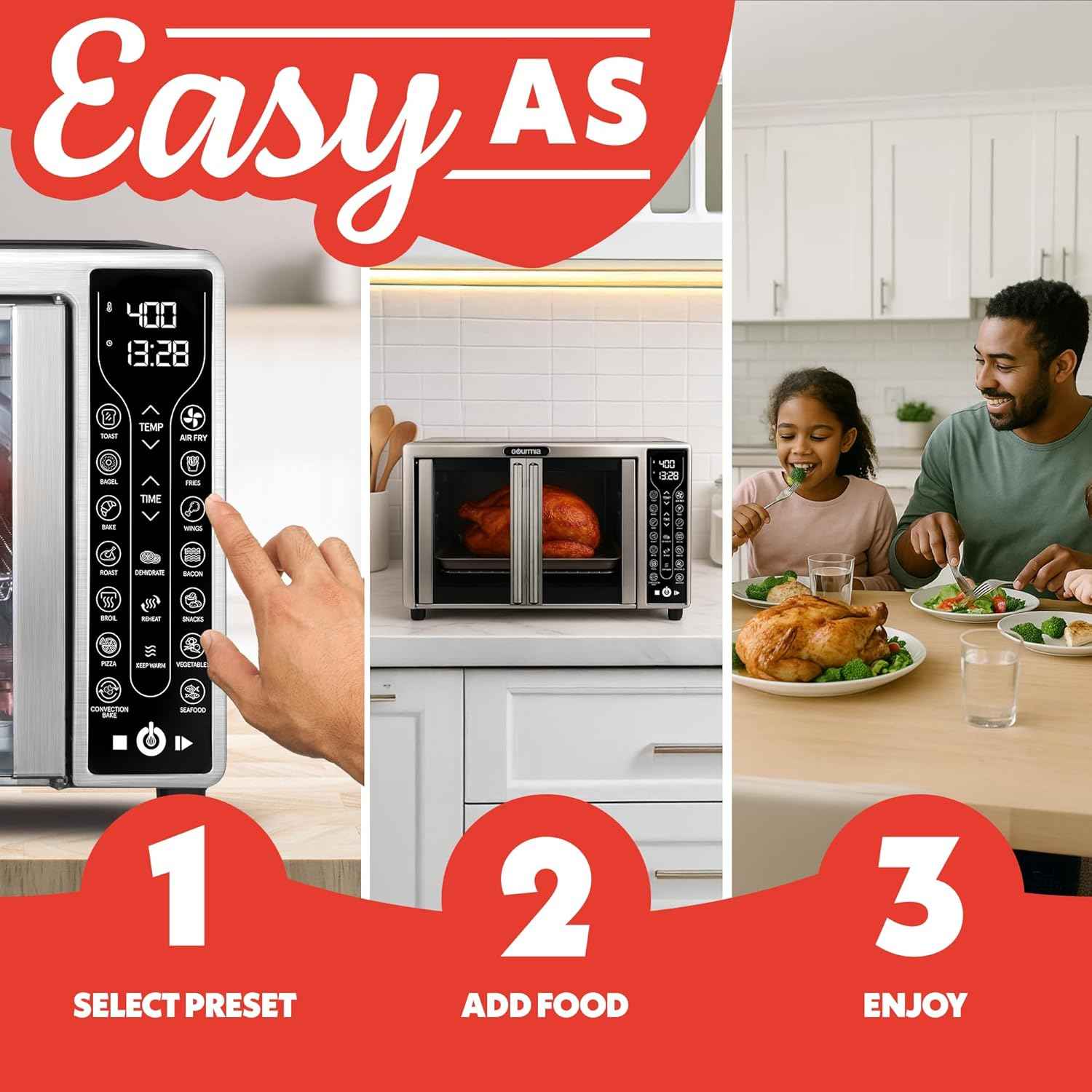 Gourmia French Door Air Fryer – 25 Qt Large Capacity Convection Oven, Fryfroce 360°, Digital Display with 17 Cooking Presets, Bake, Toast, Roast, Dehydrate, Fits 12” Pizza