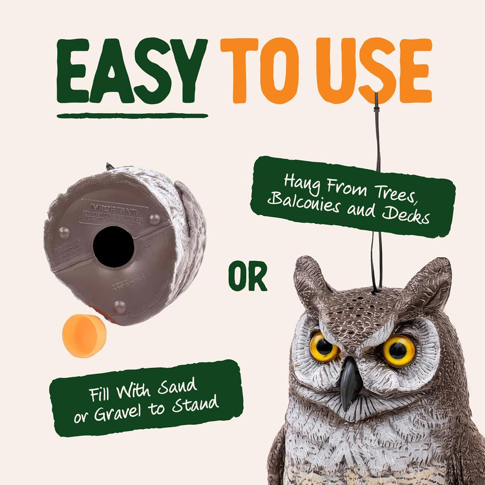 Dalen Large Fake Owl Decoy to Scare Birds Away - 16 in Hand-Painted Great Horned Owl Garden Scarecrow for Natural Pest Control - Fixed Head Design - Secure Upright by Filling with Sand/Gravel Only