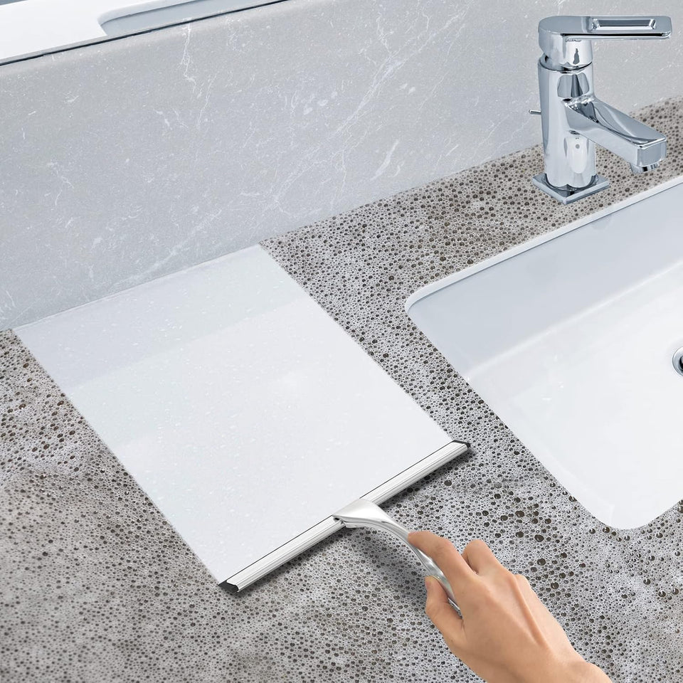All-PLrpose Stainless Steel Shower Squeegee for Shower Glass Door with 2 Adhesive Hooks, Bathroom Cleaner Tool Household Window Mirror Squeegee , Cleaning Tile Wall, Car, 10 Inch Silver