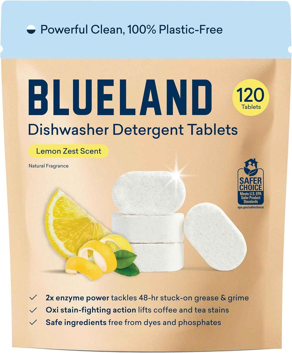 BLUELAND 100% Plastic-Free Dishwasher Detergent Tablets, 60 Count, Free & Clear, Eco-Friendly Dishwashing Pods, Natural, USDA Certified biobased
