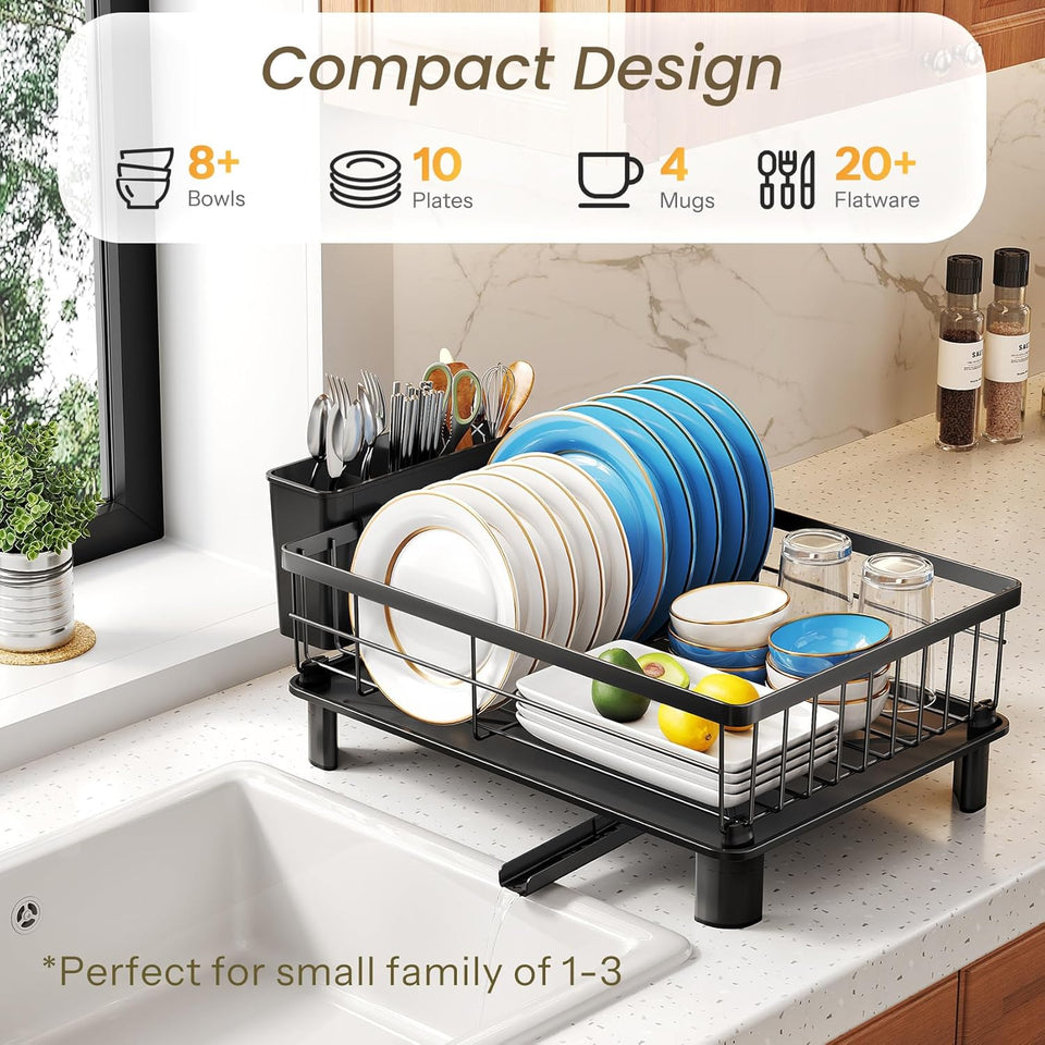 SNTD Dish Drying Rack - Space-Saving Dish Rack for Kitchen Counter, Stainless Steel Dish Drainer with Utensil Holder and Drainboard, 11" W x 15" L (Black)