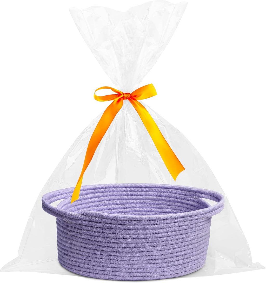 White small woven burr basket with gift bags and ribbons, 12" x 8" x 5", durable storage for gifts, baby toys, and living room essentials
