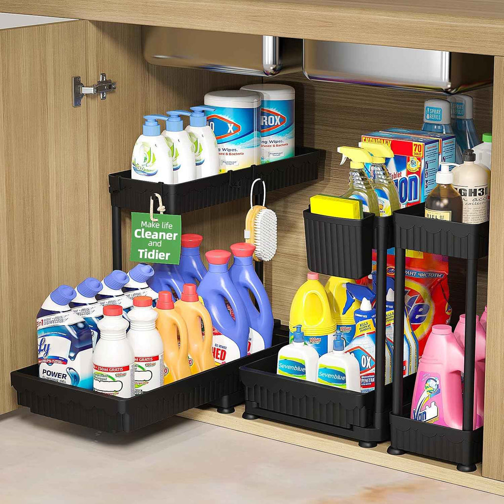 3 Pack Multi-Purpose Under Sink Organizers and Storage, 2026 L-Shaped Pull Out Cabinet Organizer for Bathroom & Kitchen, Under Cabinet Organizer with Hooks Hanging Cup, Black