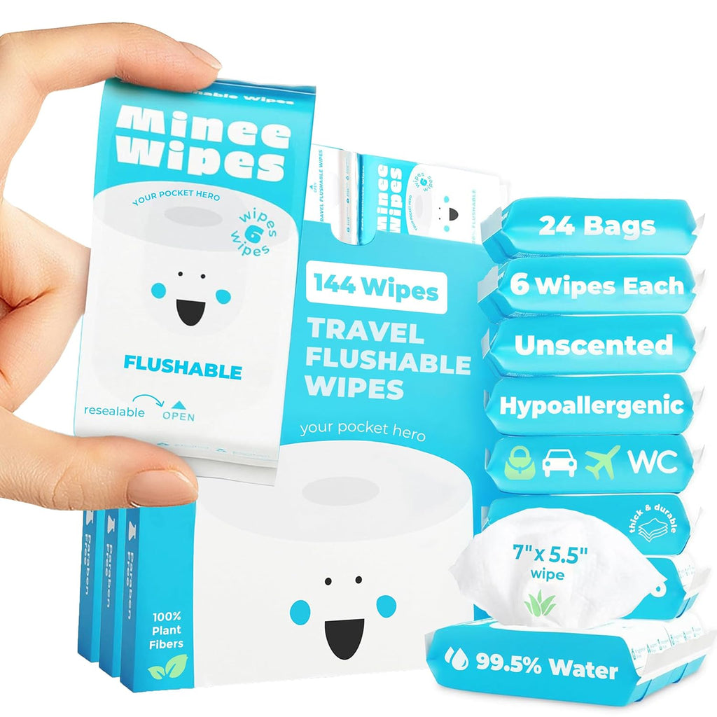 Compact Travel Flushable Wipes for Sensitive Skin - 99.5% Water and Aloe - 8 Pack 48 Wipes