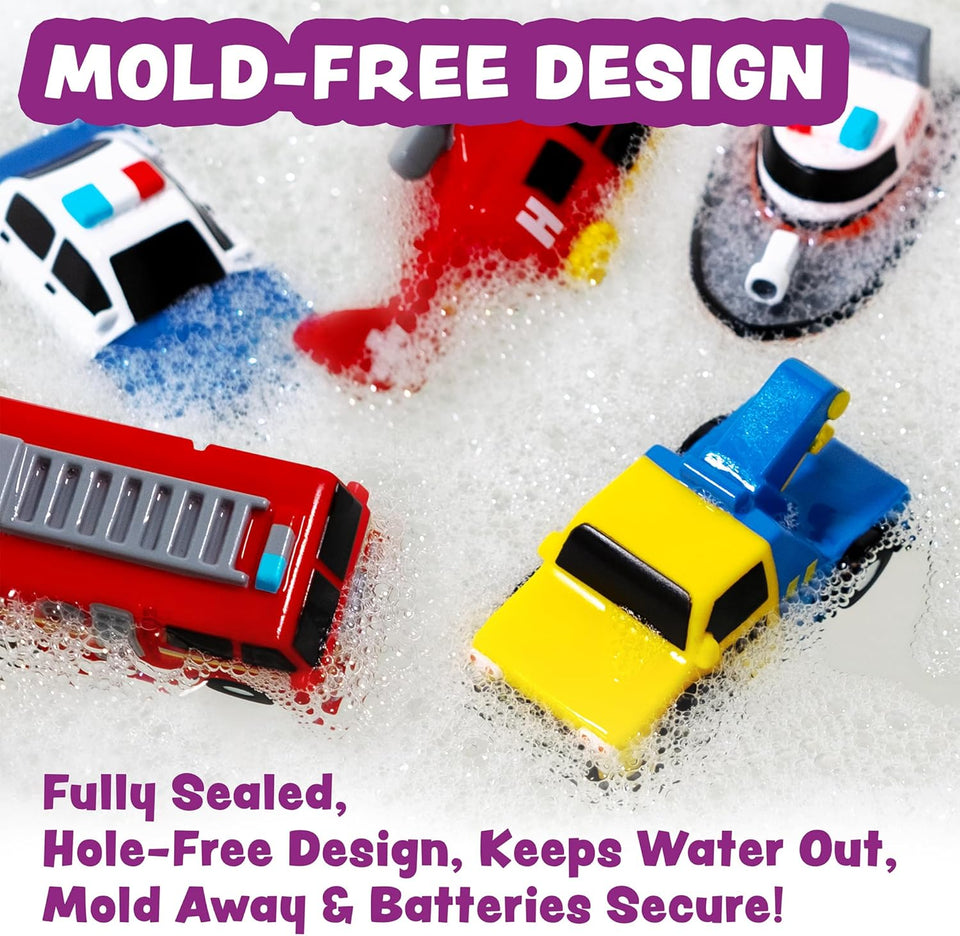 Tub Works® Emergency™ Cars Light Up Bath Toys, 6 Pack | Water-Activated Light Up Toys Flash & Change Color | Soft, Squeezable Baby & Toddler Bath Toys | Sensory Toys with Bath Lights for Kids Bath
