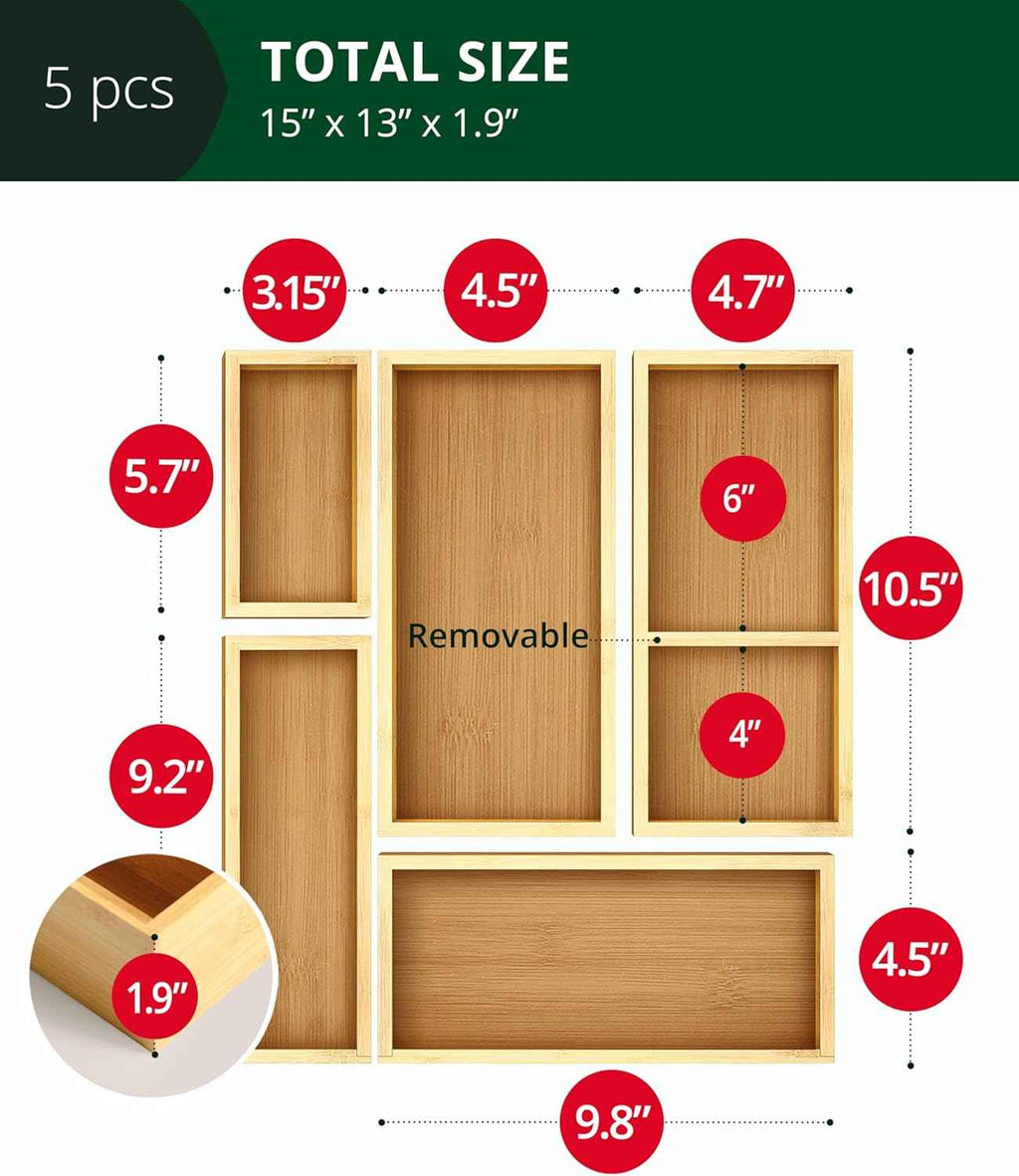 ROYAL CRAFT WOOD 5-Piece Bamboo Drawer Organizer Set, Multi-Use Storage Trays for Kitchen, Bathroom, Office, Makeup, Jewelry & More, 5 Storage Boxes