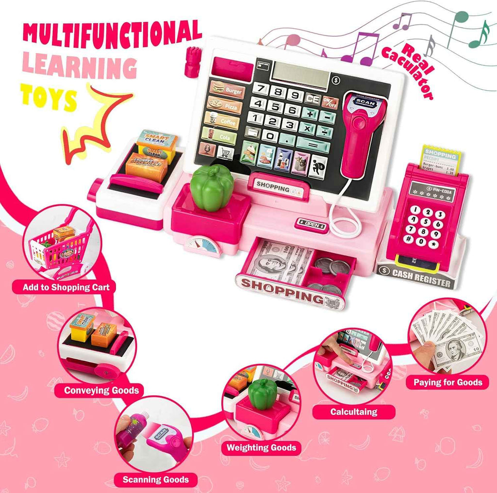 kids cash register toy with music real calculator scanner learning for 3-8 year old girl