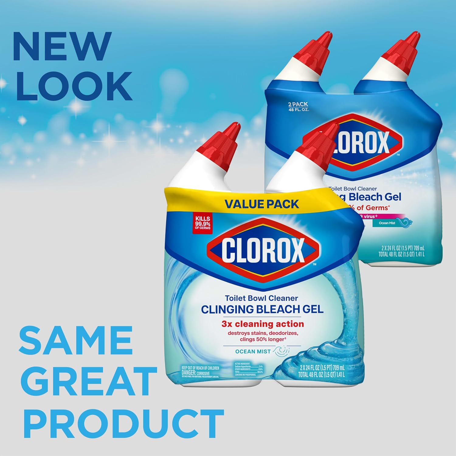 CLOROX Toilet Bowl Cleaner Clinging Bleach Gel, Ocean Mist, 24 Fl Oz, Pack of 2 (Package May Vary) - ShopUS