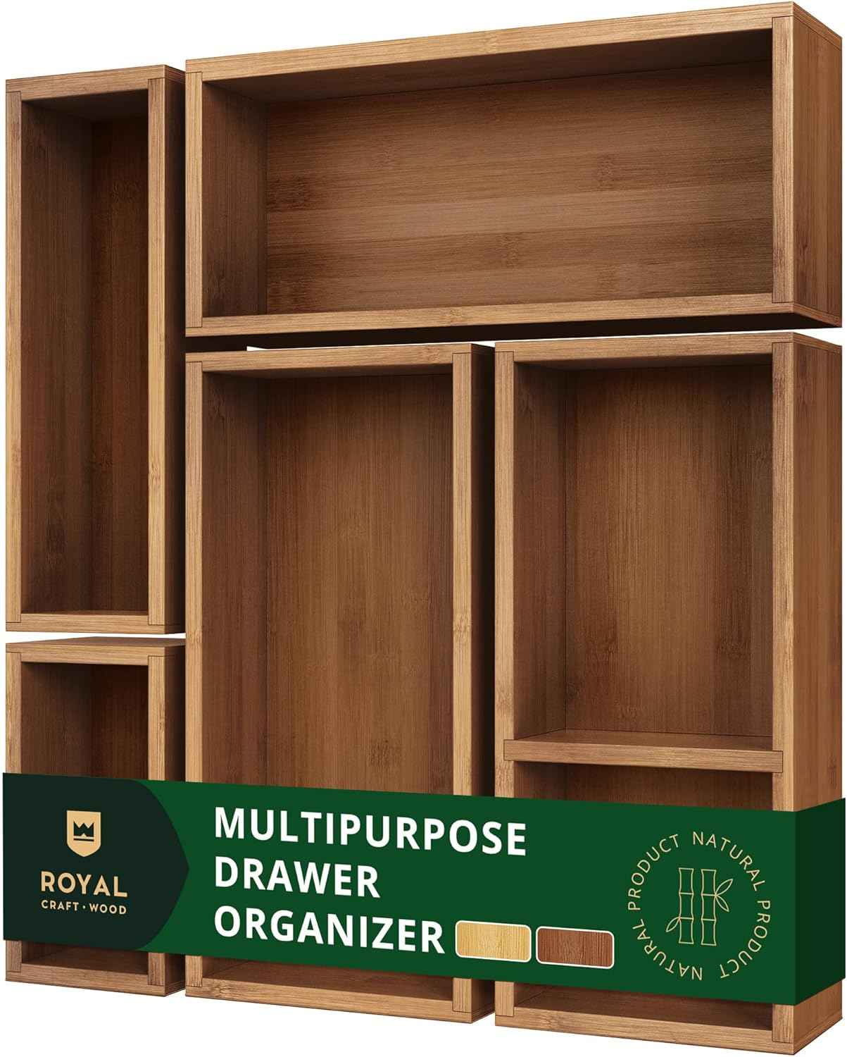 ROYAL CRAFT WOOD 5-Piece Bamboo Drawer Organizer Set – Multi-Use Storage Trays for Kitchen, Bathroom, Office, Makeup, Jewelry & More – Junk Drawer Tray, Utensil Holder, Storage Box & Bin Set (5 Boxes)