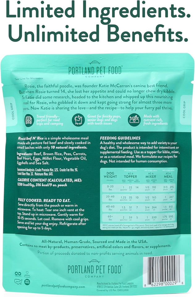 portland pet food company fresh dog food pouches human-grade toppers wet pet meal & mixers for small & large breed puppies & senior dogs gluten-free limited ingredient rosie's beef n' rice 8 pack