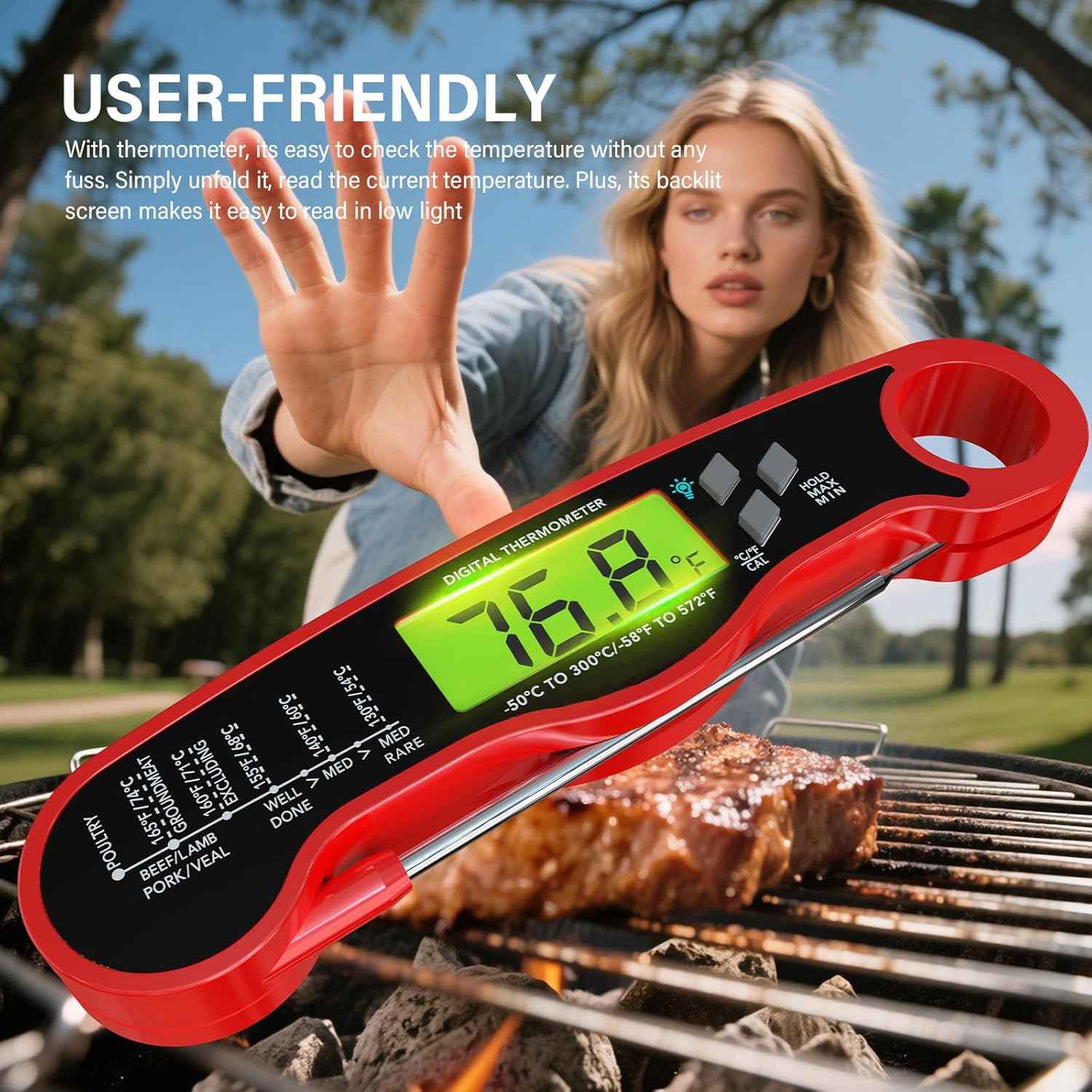 Meat Thermometer Digital - Instant Read Waterproof Food Thermometer with Backlight for Cooking, Grill, Candy, Kitchen & Stocking Stuffers for Men - Red