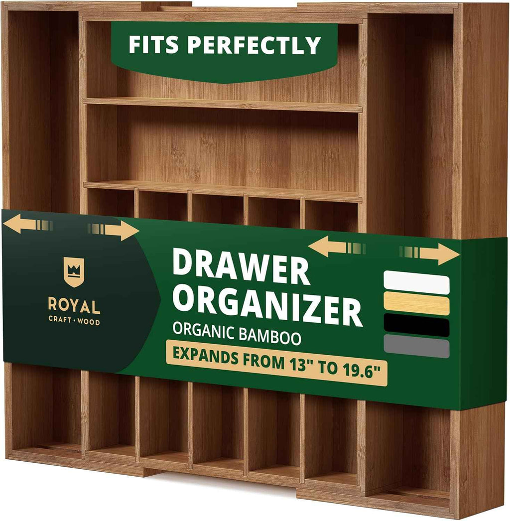 ROYAL CRAFT WOOD Luxury Bamboo Kitchen Drawer Organizer - Silverware Organizer, Utensil Holder & Cutlery Tray Drawer Dividers for Flatware (9 Slot, Natural)