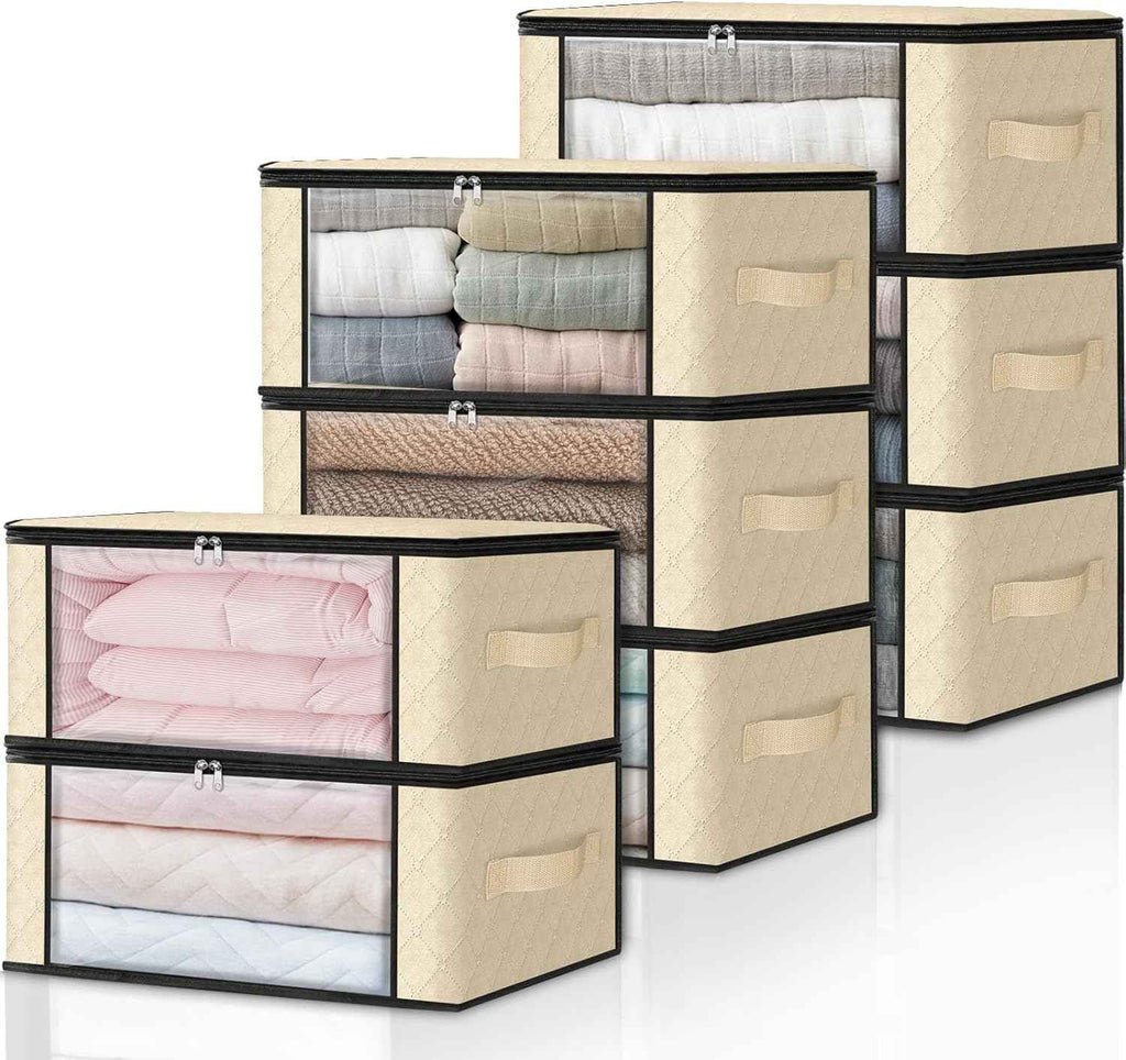 HomeHacks Storage 3-Pack Clothes Organizer Storage Bags Foldable Storage Box with Large Clear Window Sturdy Handles for Closet, Dorm, Pillows, Bedding, Clothes, Blankets, 35L, Gray
