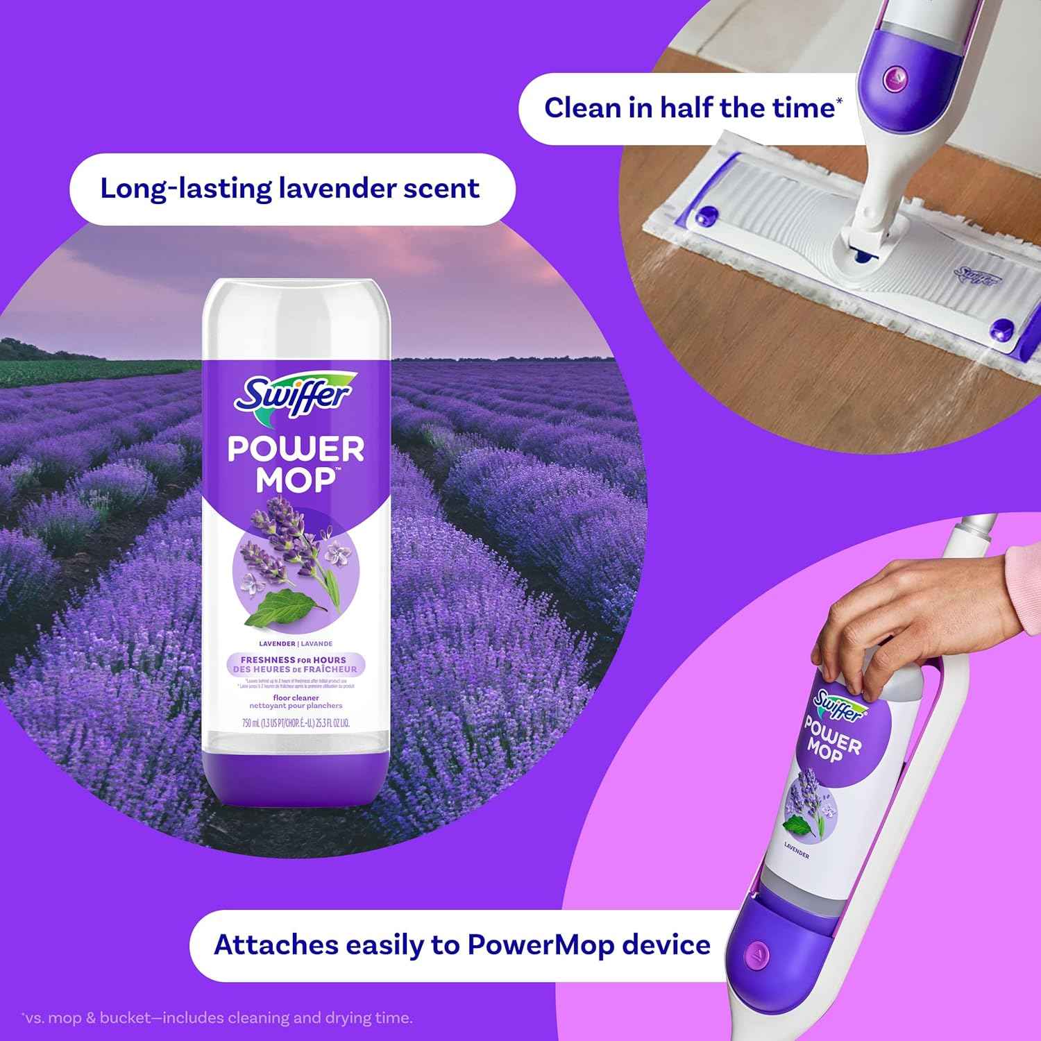 Swiffer power mop refill pack, 5 pads + lavender solution, for tile, vinyl, laminate, wood floors in home, bathroom, kitchen