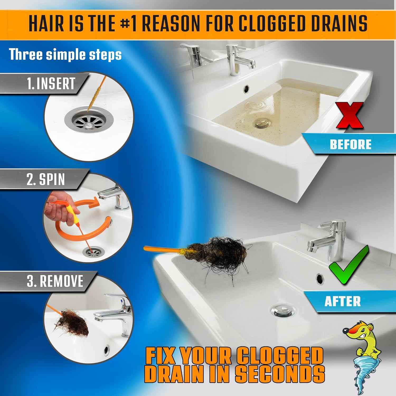 FlexiSnake 18-inch USA-made drain snake for hair clog removal with 5 wands and removable handle
