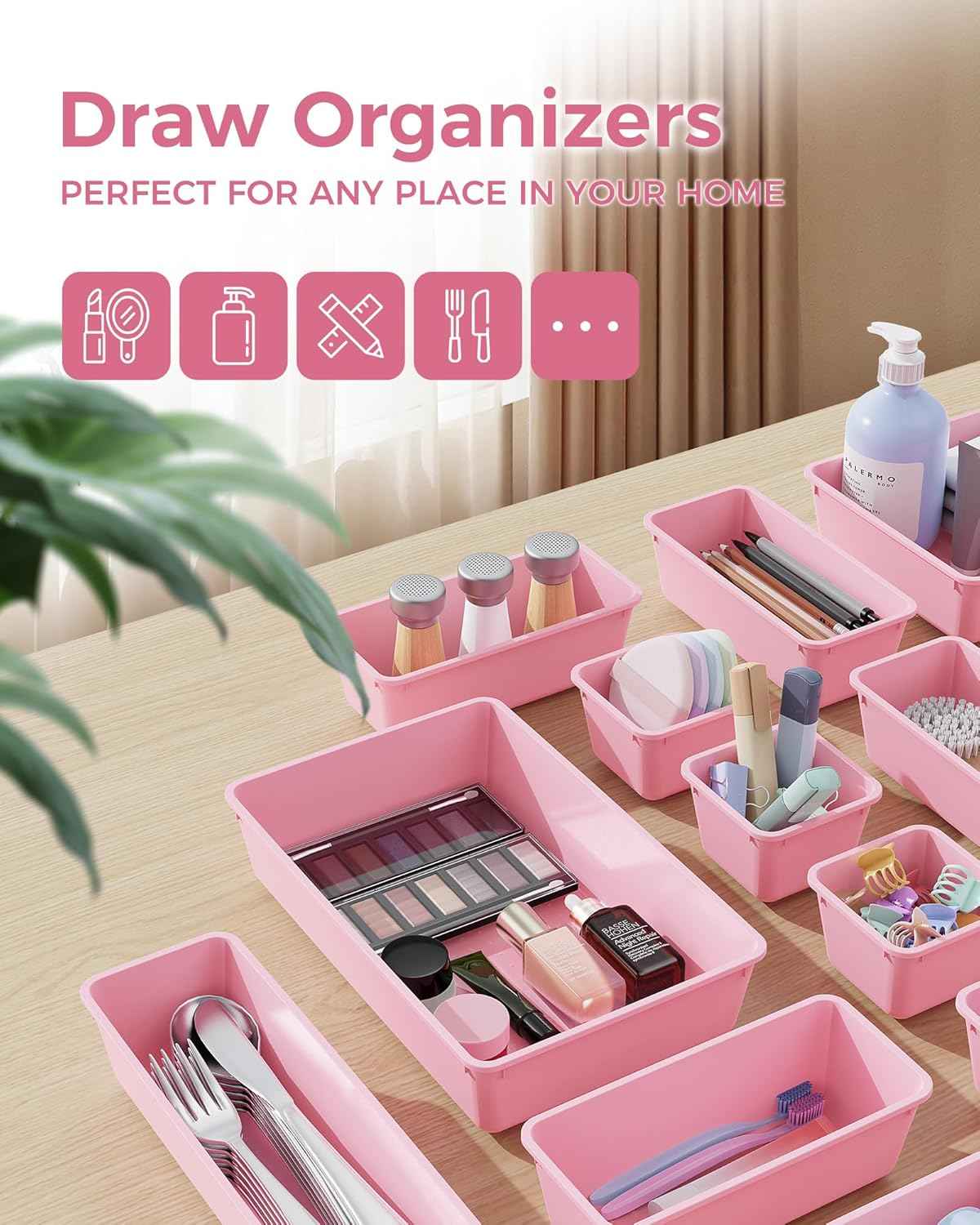 4-Sizes plastic drawer organizers set for vanity makeup desk and bathroom storage, 25 PCS