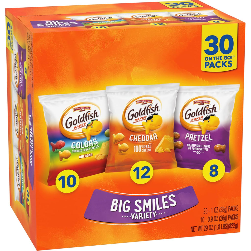 Goldfish Big Smiles Variety Pack: Cheddar, Colors, Pretzels, Snack Packs, 30 Count, Perfect for After-School Snacking