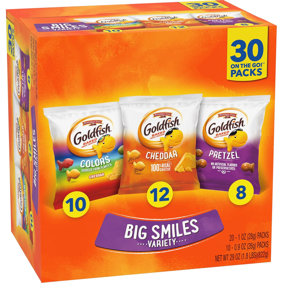 Goldfish Big Smiles Variety Pack: Cheddar, Colors, Pretzels, Snack Packs, 30 Count, Perfect for After-School Snacking