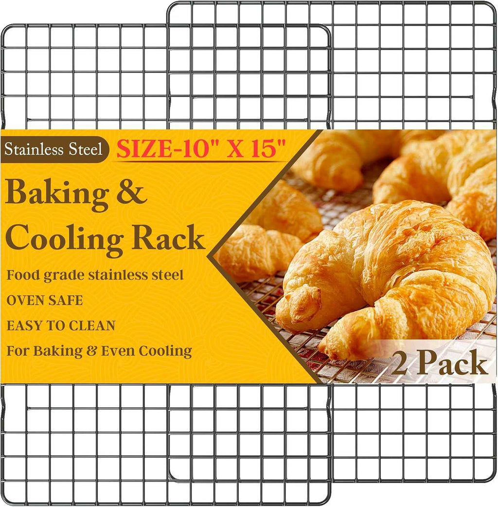 2PCS Cooling Racks for Cooking and Baking - 10" x 15"Heavy Duty Stainless Steel Wire Rack for Baking, Grilling, Roasting - Oven & Dishwasher Safe - Fits Jelly Roll Sheet Pan-Silver