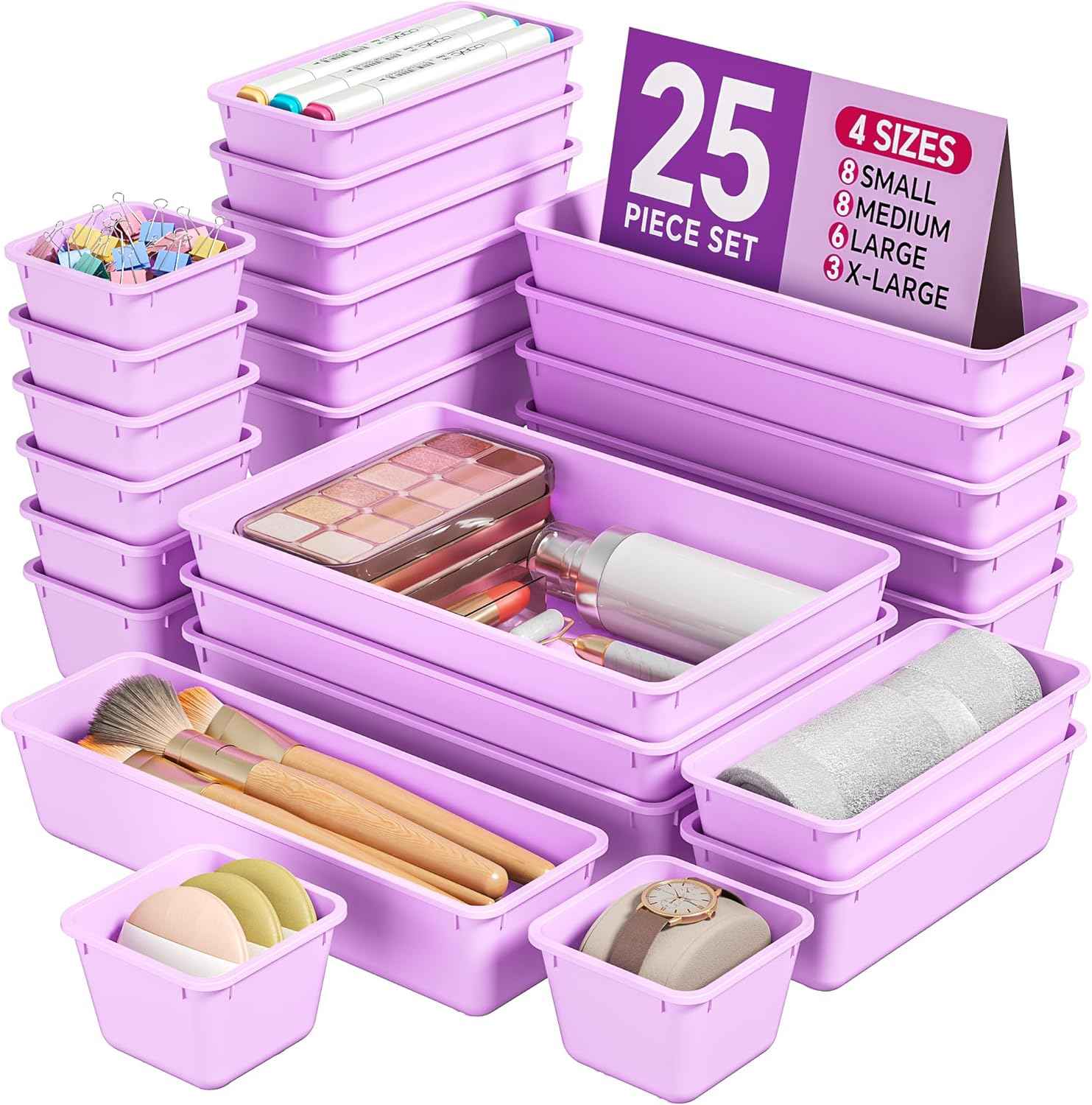 25 PCS Plastic Drawer Organizers Set, 4 Sizes Vanity Organizer, Makeup and Desk Drawer Organizer Trays, Organization and Storage for Makeup, Bathroom, Kitchen Utensils and Office (Black)