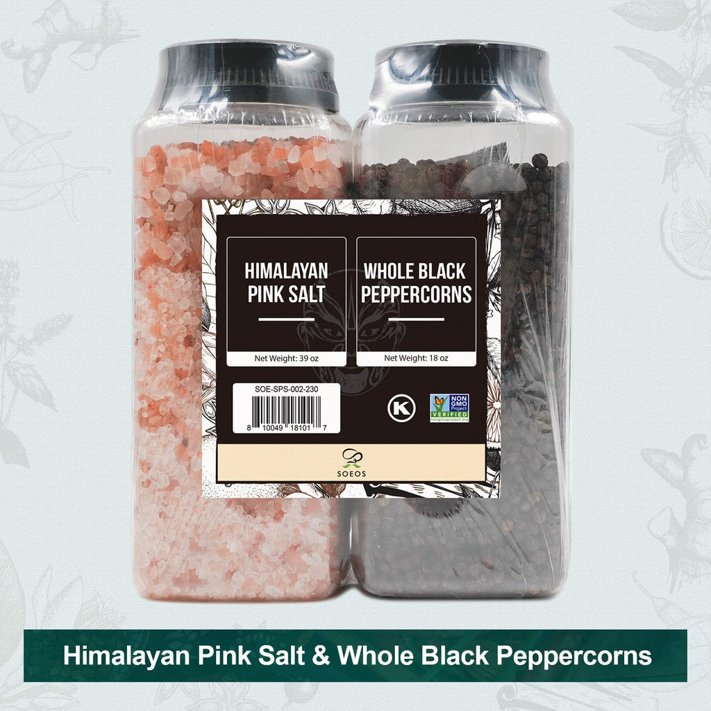 soeos Himalayan pink salt 39 oz + whole black peppercorns 18 oz coarse grain kosher salt non-gmo verified