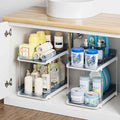 Delamu 2-Tier Multi-Purpose Bathroom Under Sink Organizers and Storage, Stackable Kitchen Pantry Organization, Pull Out Medicine Cabinet Organizer with Movable Dividers, White, 2 Pack
