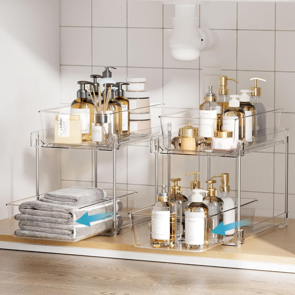 Vtopmart 4 Pack Bathroom Organizer, 2 Tier Clear Under Sink Organizers Vanity Countertop Storage Container,Cabinet Drawers Bins, Pull-Out Organization with Track for Pantry, Kitchen