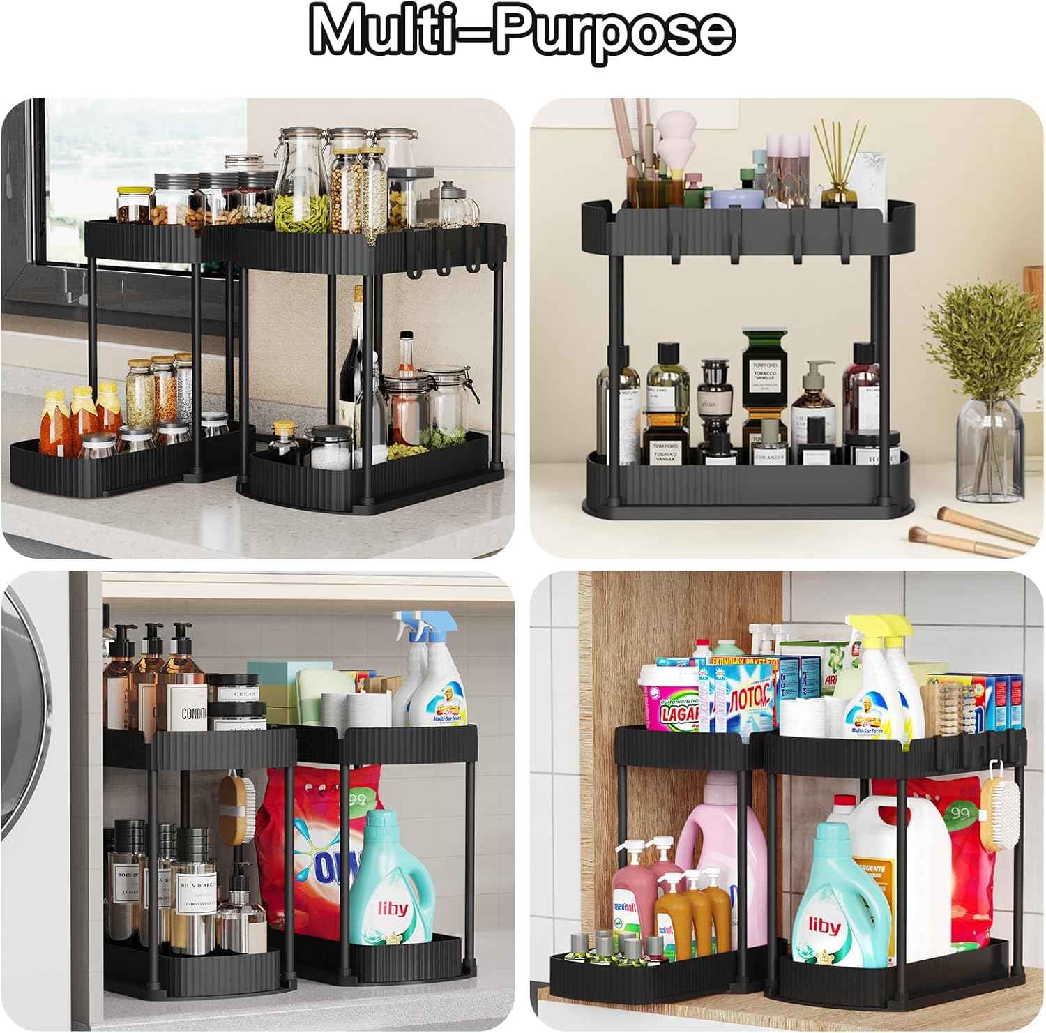 Multi-Purpose Pull-Out Storage Organizers, Under Sink/Cabinet Organizers and Storage for Bathroom & Kitchen, Black, 12.8 Inches, 2 Packs