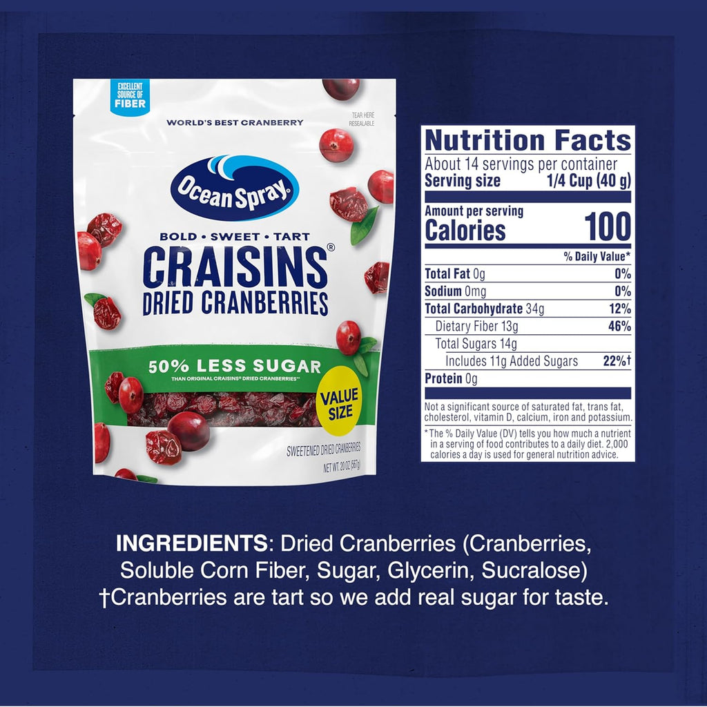 Ocean Spray Craisins 50% Less Sugar Dried Cranberries, 20 Oz Resealable Value Pack Pouch