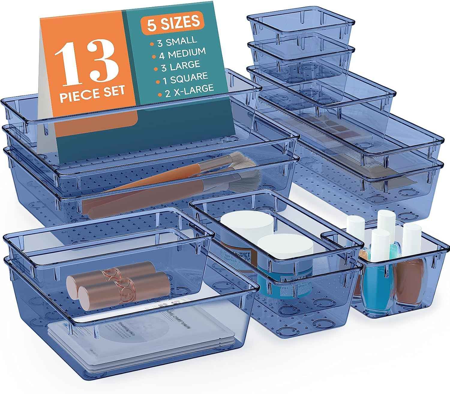 16 PCS Drawer Organizer Set, 5 Varied Size Bathroom and kitchen Drawer cabinet organizer Trays, Clear Storage Bins for Makeup, Jewelry, Utensils and Gadgets