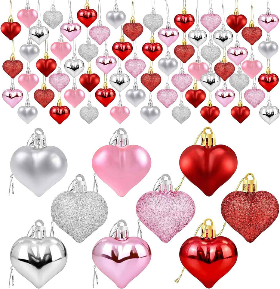 36Pcs Valentines Heart Shaped Ornaments - Valentines Heart Decorations - Red Pink Silver Glitter Heart Shaped Baubles - Romantic Christmas Valentines Tree Hanging Decorations