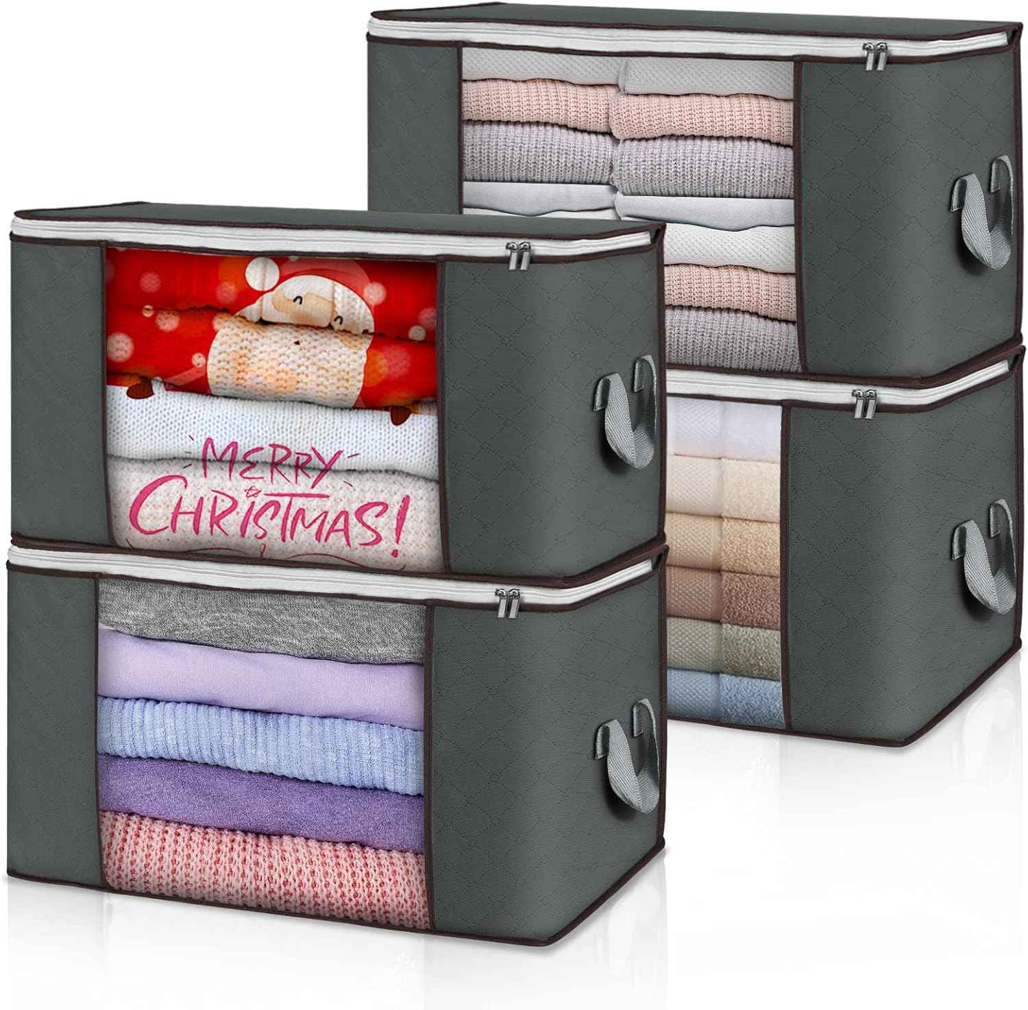 90 L Large Storage Bags, 6 Pack Clothes Storage Bins Foldable Closet Organizers Storage Containers with Reinforced Handle for Clothing, Blanket, Comforters, Bed Sheets, Pillows and Toys (Gray)