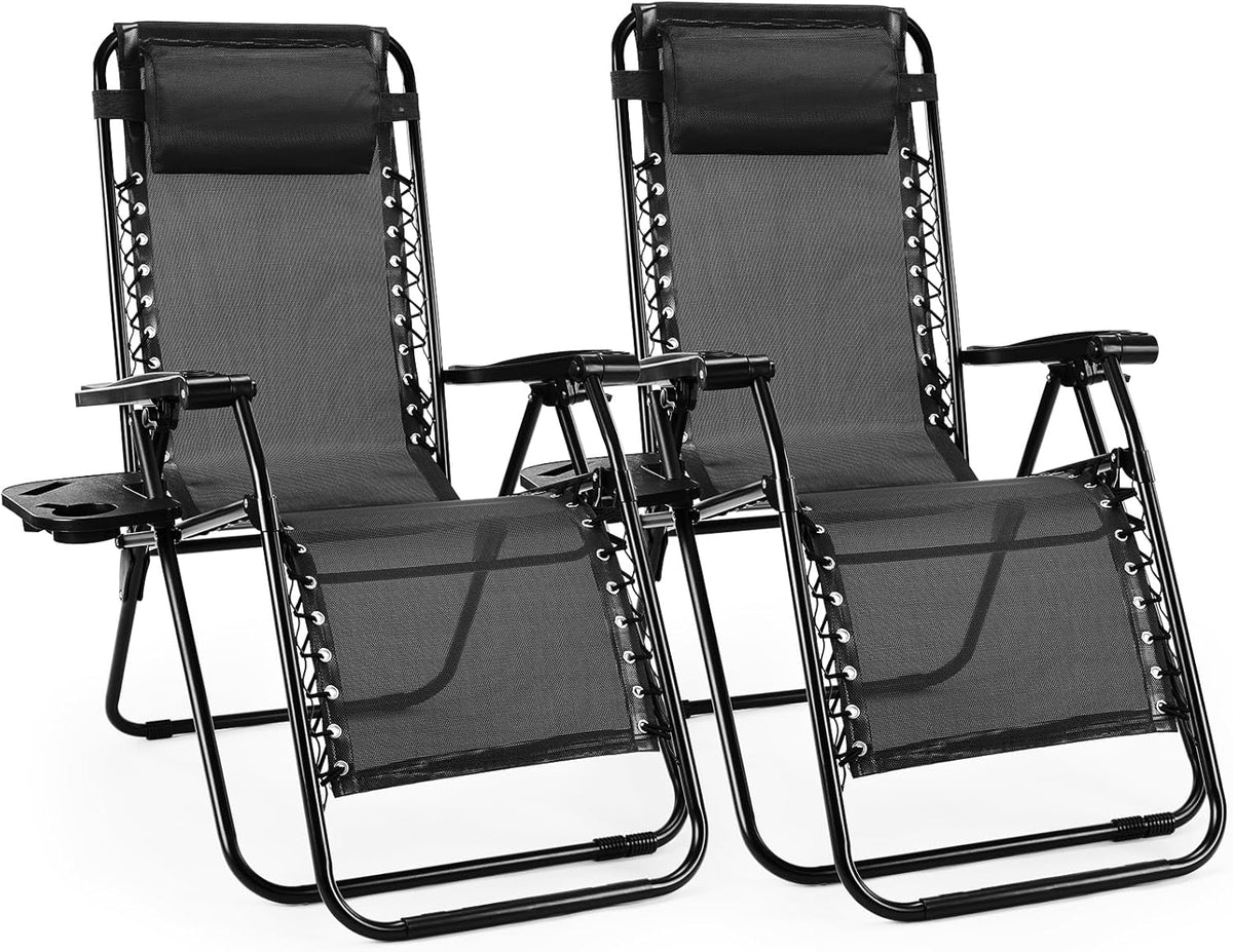 Sweetcrispy Zero Gravity Chairs, Set of 2 Portable Recliner Beach Camping Patio Outdoor Folding Lounge Chair with Cup Holder Trays and Adjustable Pillow for Poolside, Garden, Backyard, Lawn (Black)