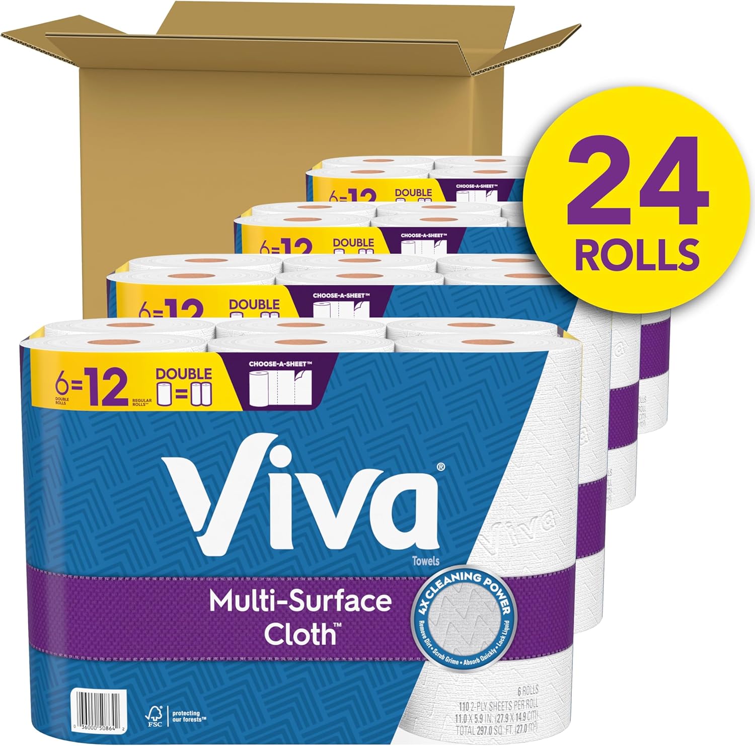 Viva Multi-Surface Cloth Paper Towels, 24 Double Rolls, 110 Sheets Per Roll, 4 Packs of 6