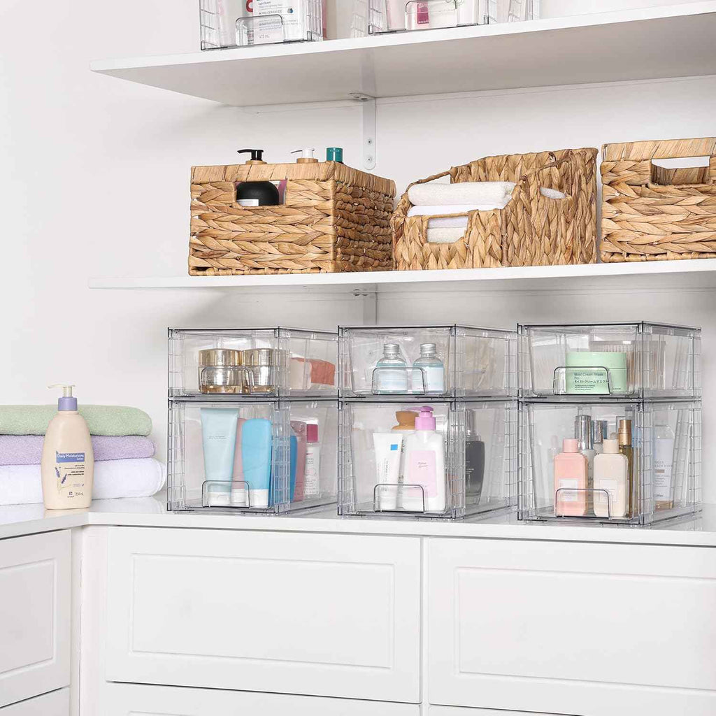 Vtopmart 4 Pack Clear Stackable Storage Drawers,Under Sink and Kitchen Organizers Storage,Easy to Assemble Plastic Drawers for Baby Bottle,Medicine, Bathroom,Cabinet and Pantry Organization
