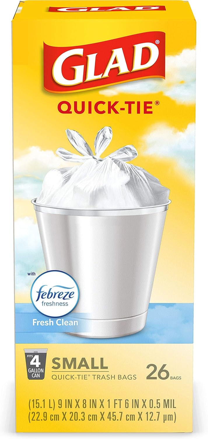 Glad Small Trash Bags 4 Gallon, Febreze Fresh Clean Garbage Bags, Odor Resistant with Quick Tie, 26 Count - ShopUS