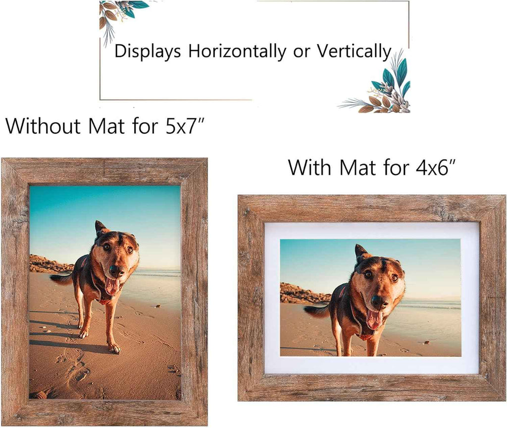 Califortree 5x7 Picture Frame - Can Display Photo 4x6 with Mat, Wood Frame with Shatterproof Plexiglass, Horizontal and Vertical Display for Wall and Tabletop, Rustic Brown