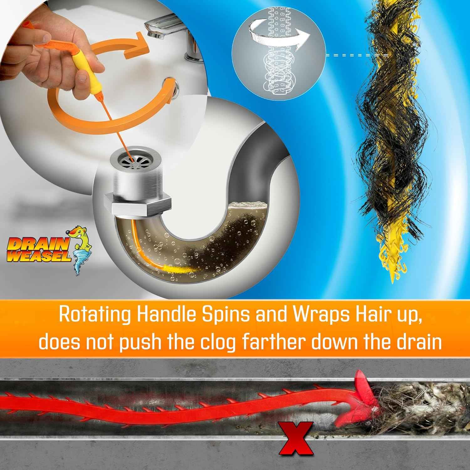 FlexiSnake 18-inch USA-made drain snake for hair clog removal with 5 wands and removable handle