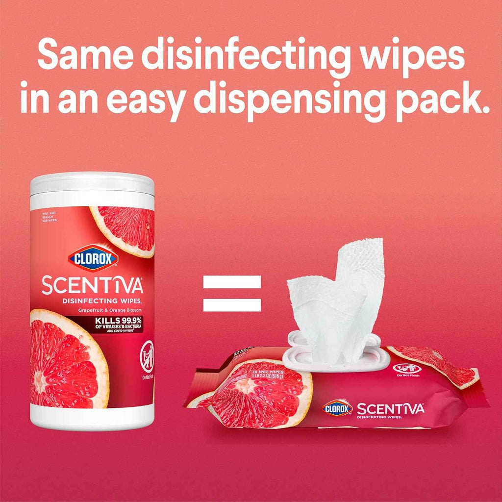 Clorox Scentiva Disinfecting Wipes, grapefruit and orange blossom scent, 75-count, 3-pack