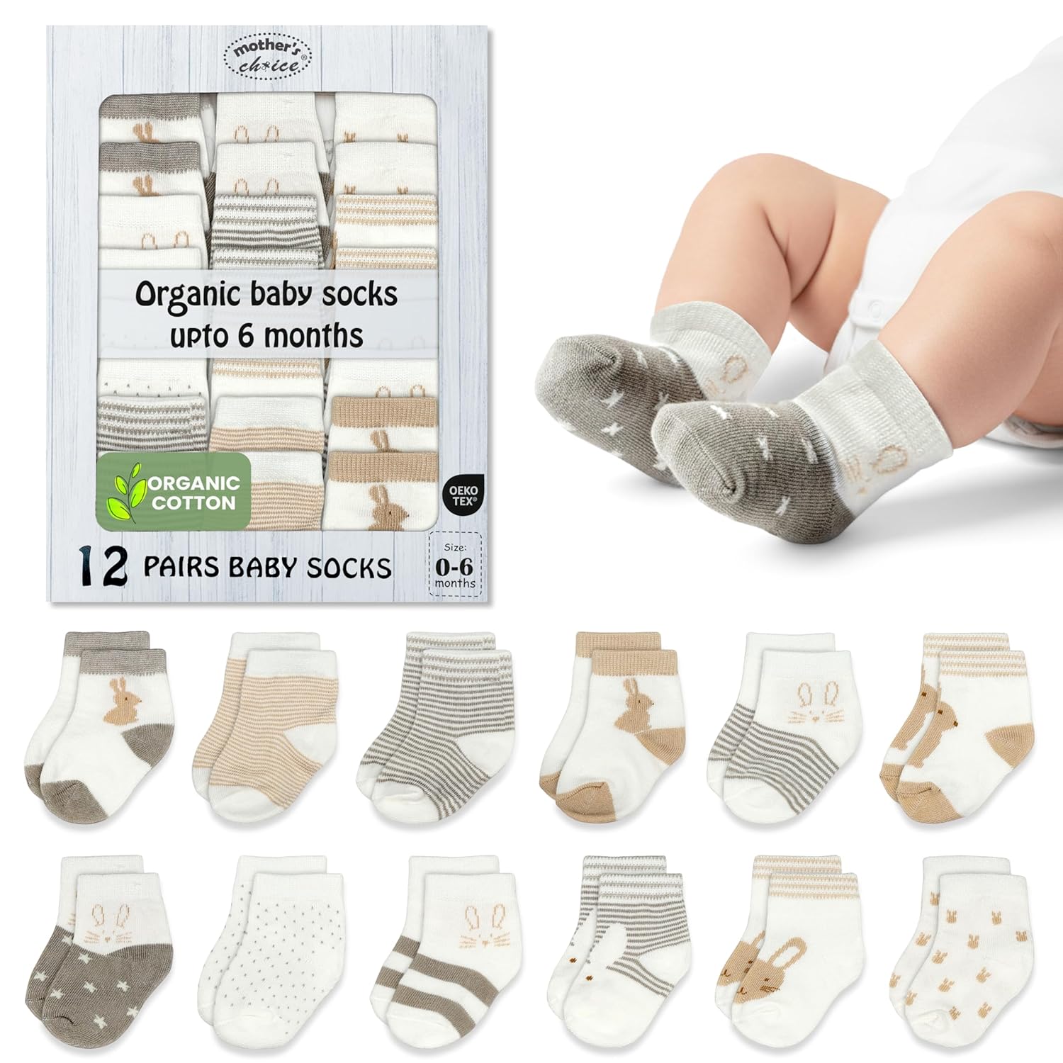 Mother's Choice Organic Cotton Baby Socks 0-6 Months, 12 pairs, Soft, Cozy, and Gentle Socks for Infants Girls and Boys