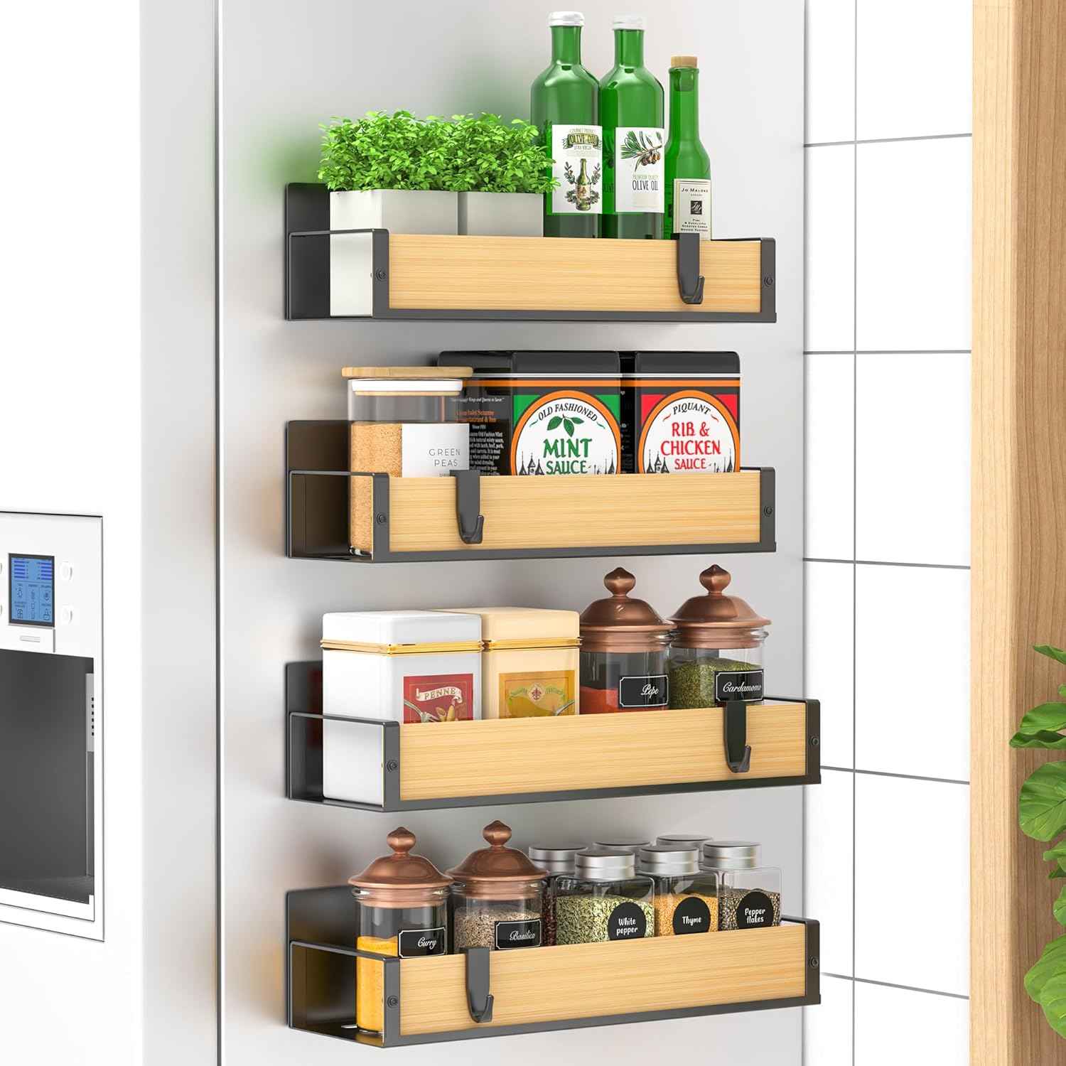 Metal 4 Pack Magnetic Spice Storage Rack Organizer for Refrigerator and Oven, Black Fridge Organizers and Storage