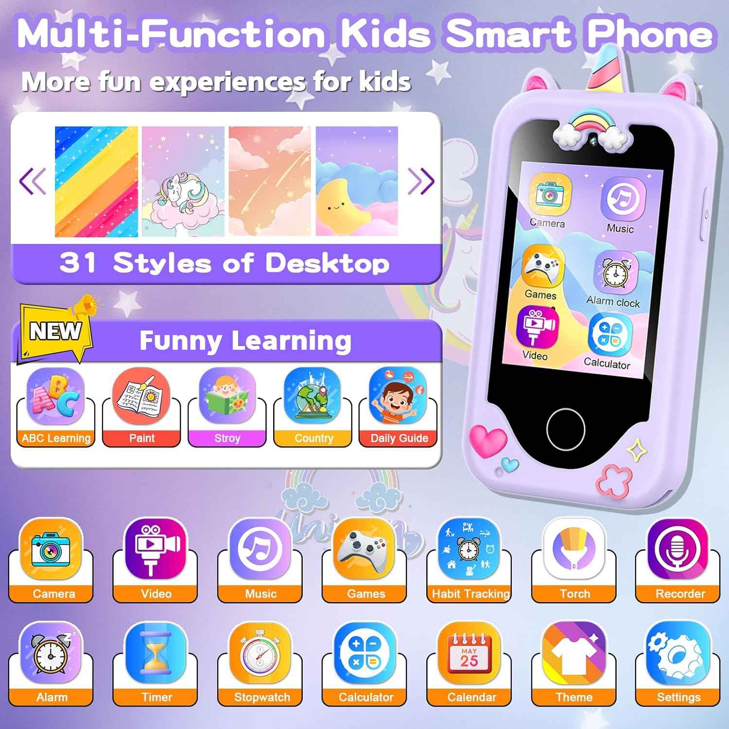Purple 2.8" touchscreen kids phone for 3-10 year old girls, dual camera, music player, and learning games